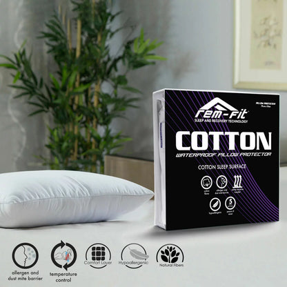 White REM-Fit cotton pillow protector smooth texture covering a standard pillow on crisp white bed linens
