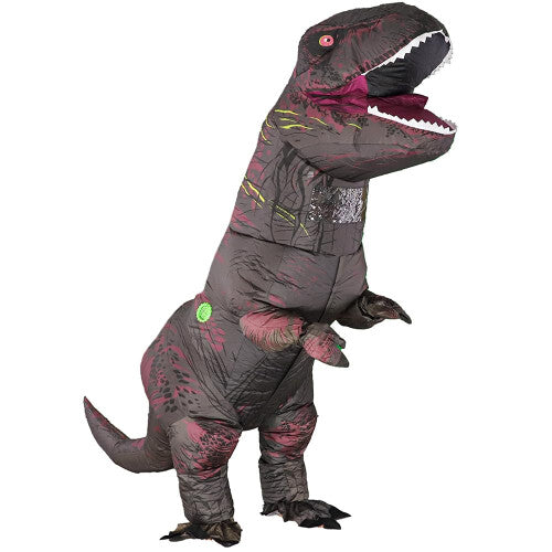 Full-length front view of an adult wearing the fully inflated Rafalacy brown T-Rex jumpsuit costume showing the large clear viewing window at the neck and facial details.