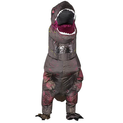 Full-length front view of an adult wearing the fully inflated Rafalacy brown T-Rex jumpsuit costume showing the large clear viewing window at the neck and facial details.