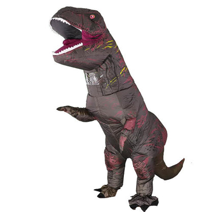 Full-length front view of an adult wearing the fully inflated Rafalacy brown T-Rex jumpsuit costume showing the large clear viewing window at the neck and facial details.