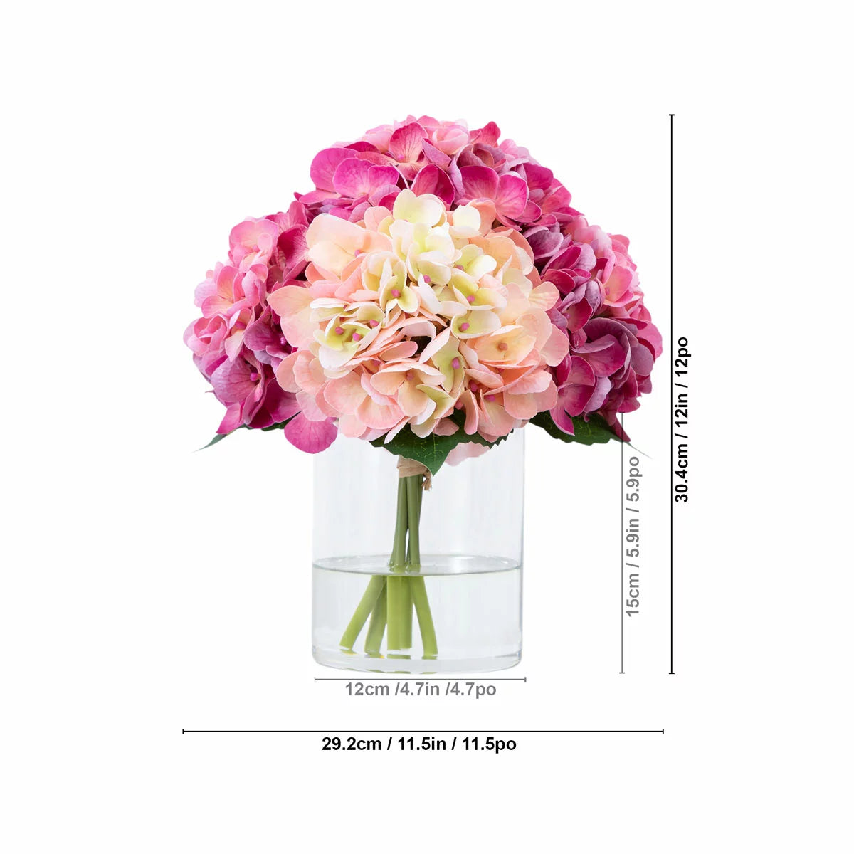 A real-touch artificial hydrangea arrangement with lush, vibrant petals inside a clear glass cylinder vase featuring a realistic faux water finish.