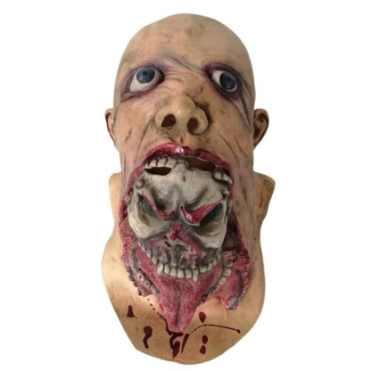 Full-head horror zombie mask made of pale textured emulsion featuring long matted black hair drape and sunken realistic facial features.