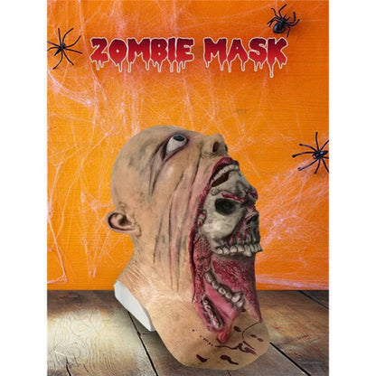 Full-head horror zombie mask made of pale textured emulsion featuring long matted black hair drape and sunken realistic facial features.