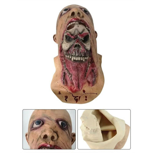 Full-head horror zombie mask made of pale textured emulsion featuring long matted black hair drape and sunken realistic facial features.