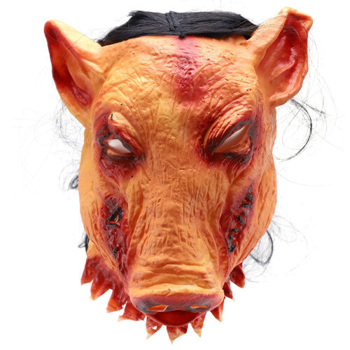 Front view of two realistic bloody pig horror latex masks featuring synthetic hair, rotten flesh details, and open mouths displayed on a dark background.