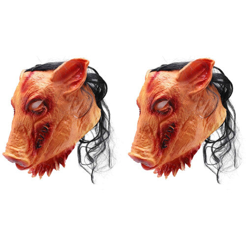 Front view of two realistic bloody pig horror latex masks featuring synthetic hair, rotten flesh details, and open mouths displayed on a dark background.