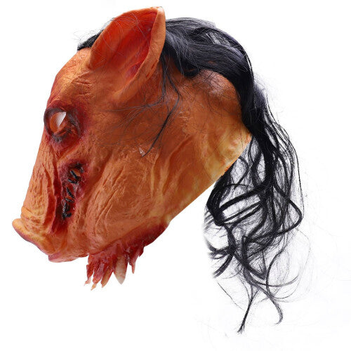 Front view of two realistic bloody pig horror latex masks featuring synthetic hair, rotten flesh details, and open mouths displayed on a dark background.