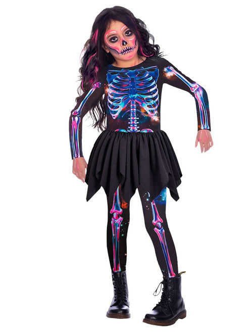 Front view of the Recycled Skeleton Girl Costume showing the black dress with white printed bone graphics displayed on a neutral background.