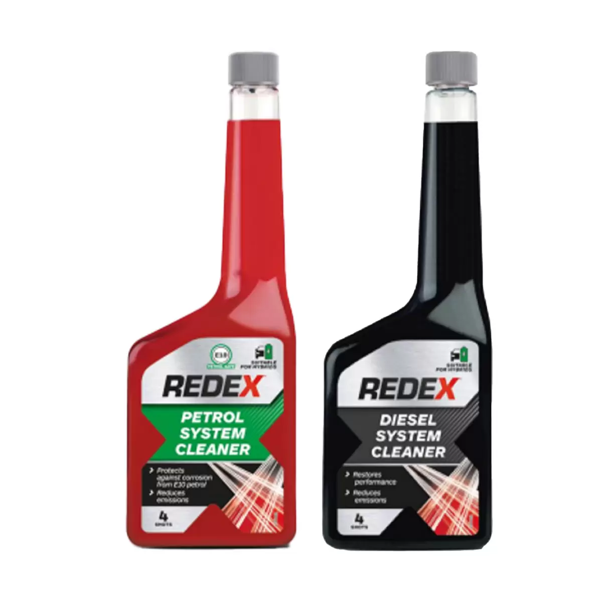 Front view of a four-pack of 500ml Redex Fuel System Cleaner bottles displaying clear dosage markings on the side of the red containers.
