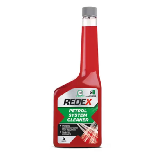 Front view of a four-pack of 500ml Redex Fuel System Cleaner bottles displaying clear dosage markings on the side of the red containers.