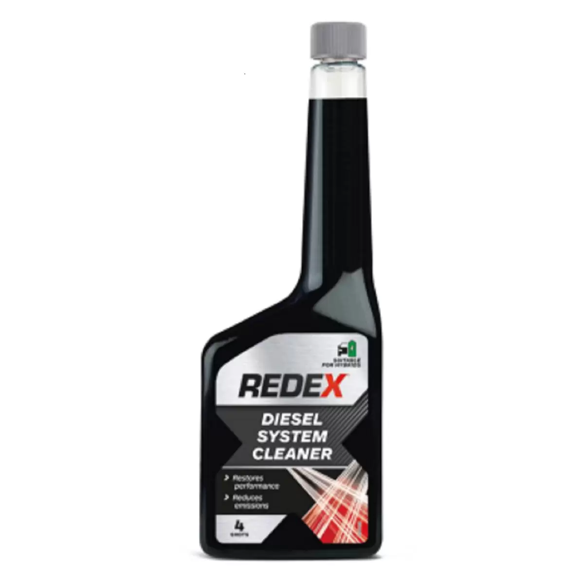 Front view of a four-pack of 500ml Redex Fuel System Cleaner bottles displaying clear dosage markings on the side of the red containers.