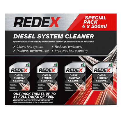 Front view of a four-pack of 500ml Redex Fuel System Cleaner bottles displaying clear dosage markings on the side of the red containers.