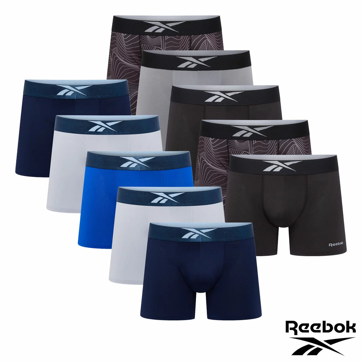  Reebok Men's Performance Boxer 5 Pack showing five folded mesh boxer trunks in blue and dark tones with metallic waistbands on a clean studio display.