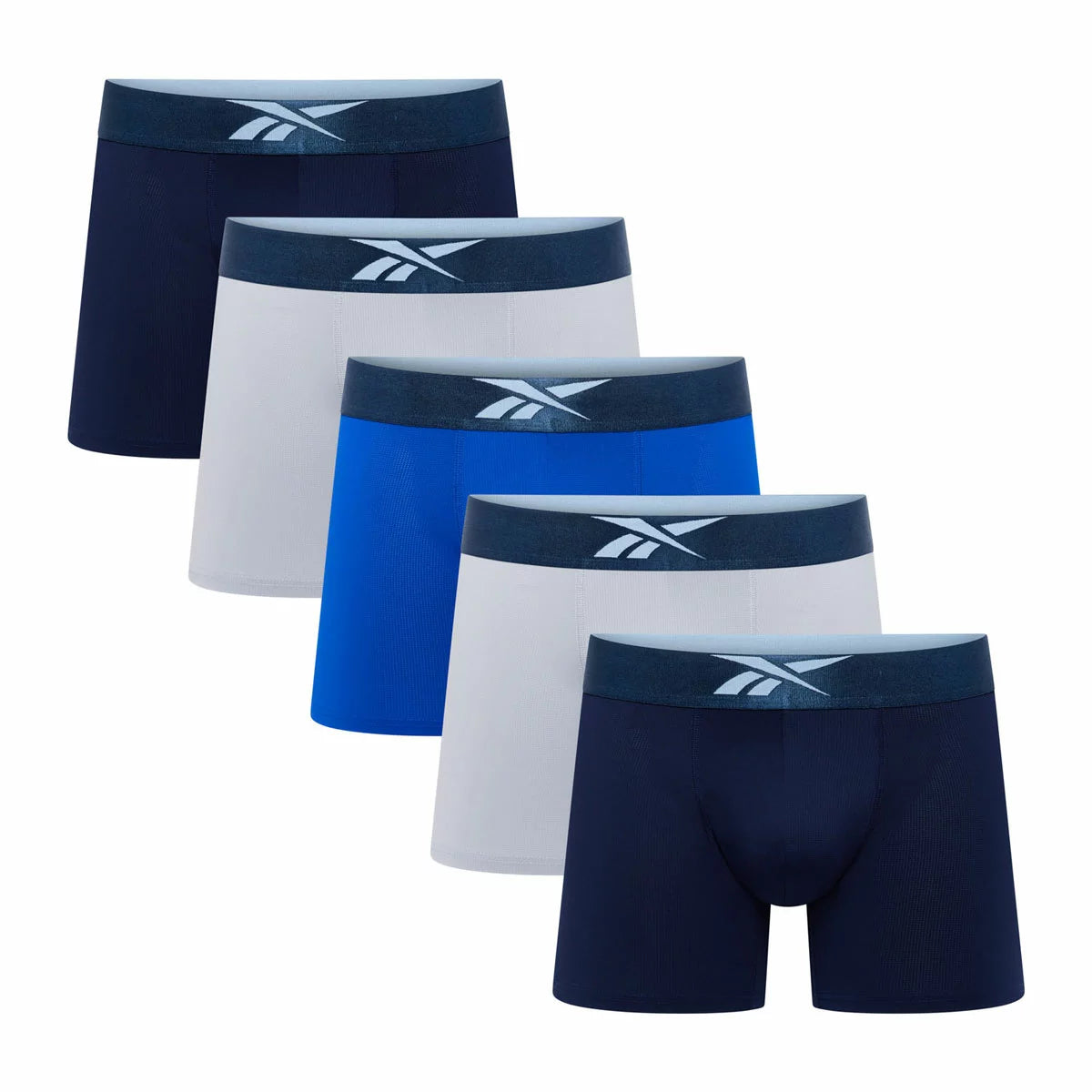 Reebok Men's Performance Boxer 5 Pack showing five folded mesh boxer trunks in blue and dark tones with metallic waistbands on a clean studio display.