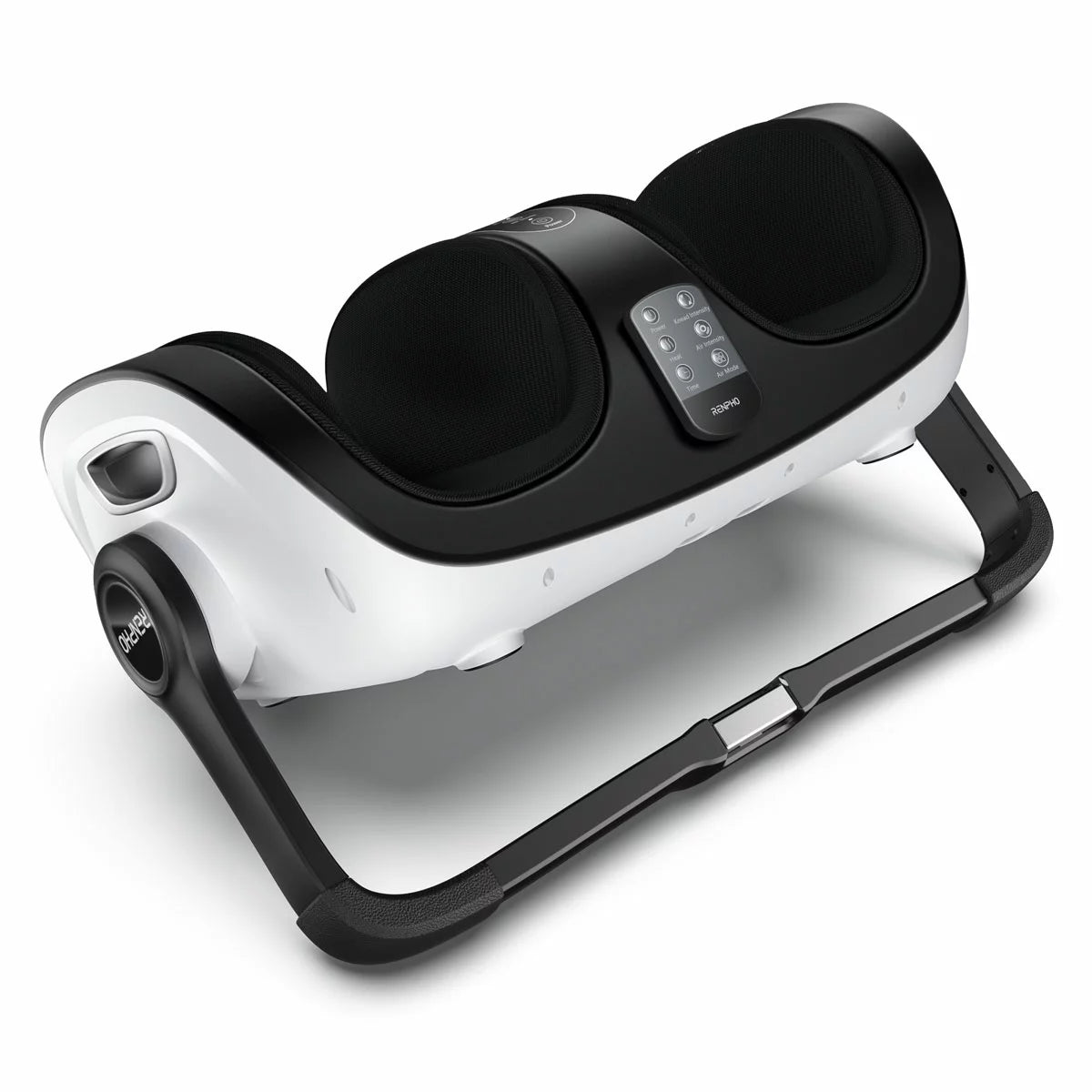 The Renpho 2-in-1 foot and calf massager in white, showcasing its ergonomic design and magnetic remote control set against a modern living room floor.