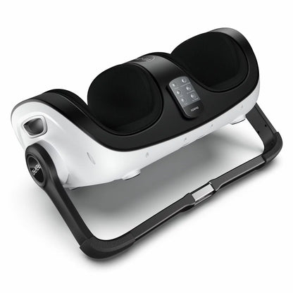 The Renpho 2-in-1 foot and calf massager in white, showcasing its ergonomic design and magnetic remote control set against a modern living room floor.