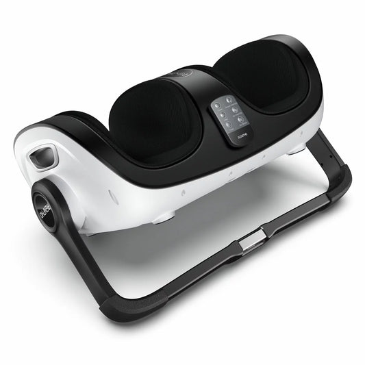 The Renpho 2-in-1 foot and calf massager in white, showcasing its ergonomic design and magnetic remote control set against a modern living room floor.