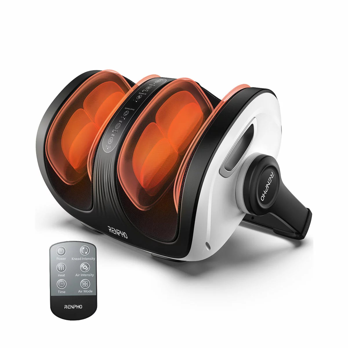 The Renpho 2-in-1 foot and calf massager in white, showcasing its ergonomic design and magnetic remote control set against a modern living room floor.