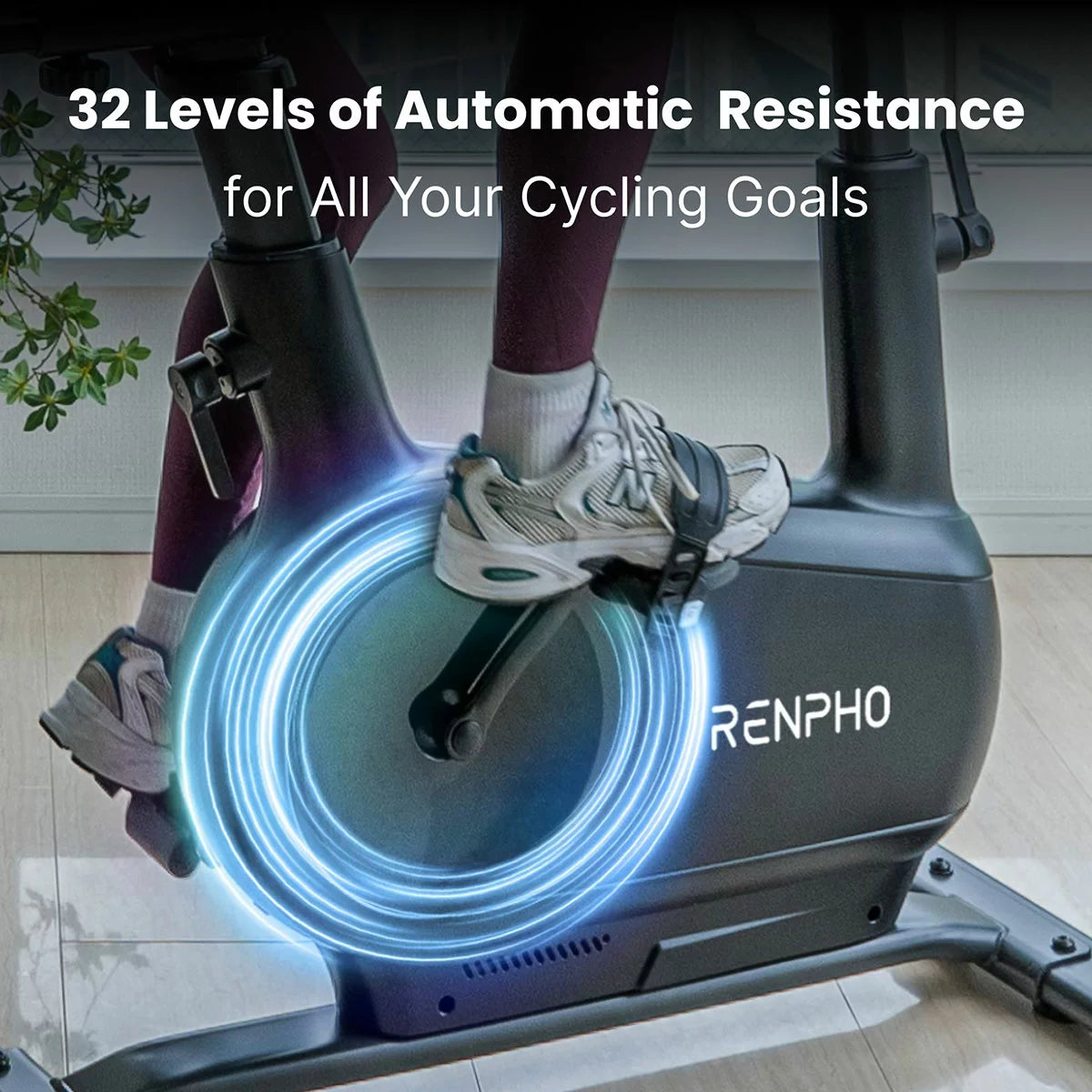 Renpho AI Smart Exercise Bike with AI fitness tracking, Bluetooth connectivity, adjustable magnetic resistance, and ergonomic indoor cycling design.