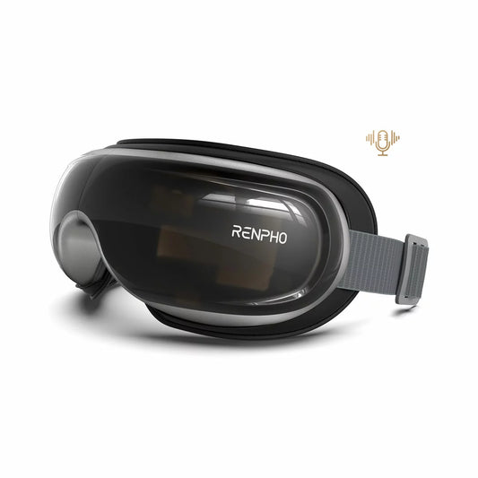 The Renpho Eyeris 3 eye massager in black, shown folded next to its storage bag, highlighting the sleek, foldable design and comfortable eye cushion.