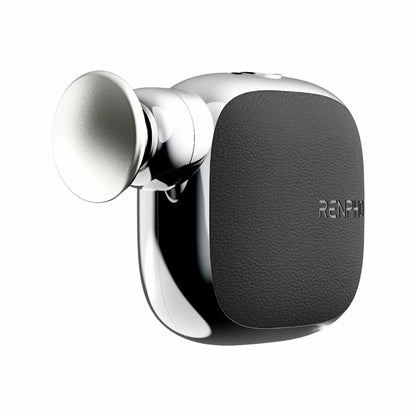 The Renpho Micro Massage Gun in black, displayed alongside its five head attachments, emphasizing its compact and portable design.