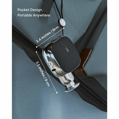 The Renpho Micro Massage Gun in black, displayed alongside its five head attachments, emphasizing its compact and portable design.