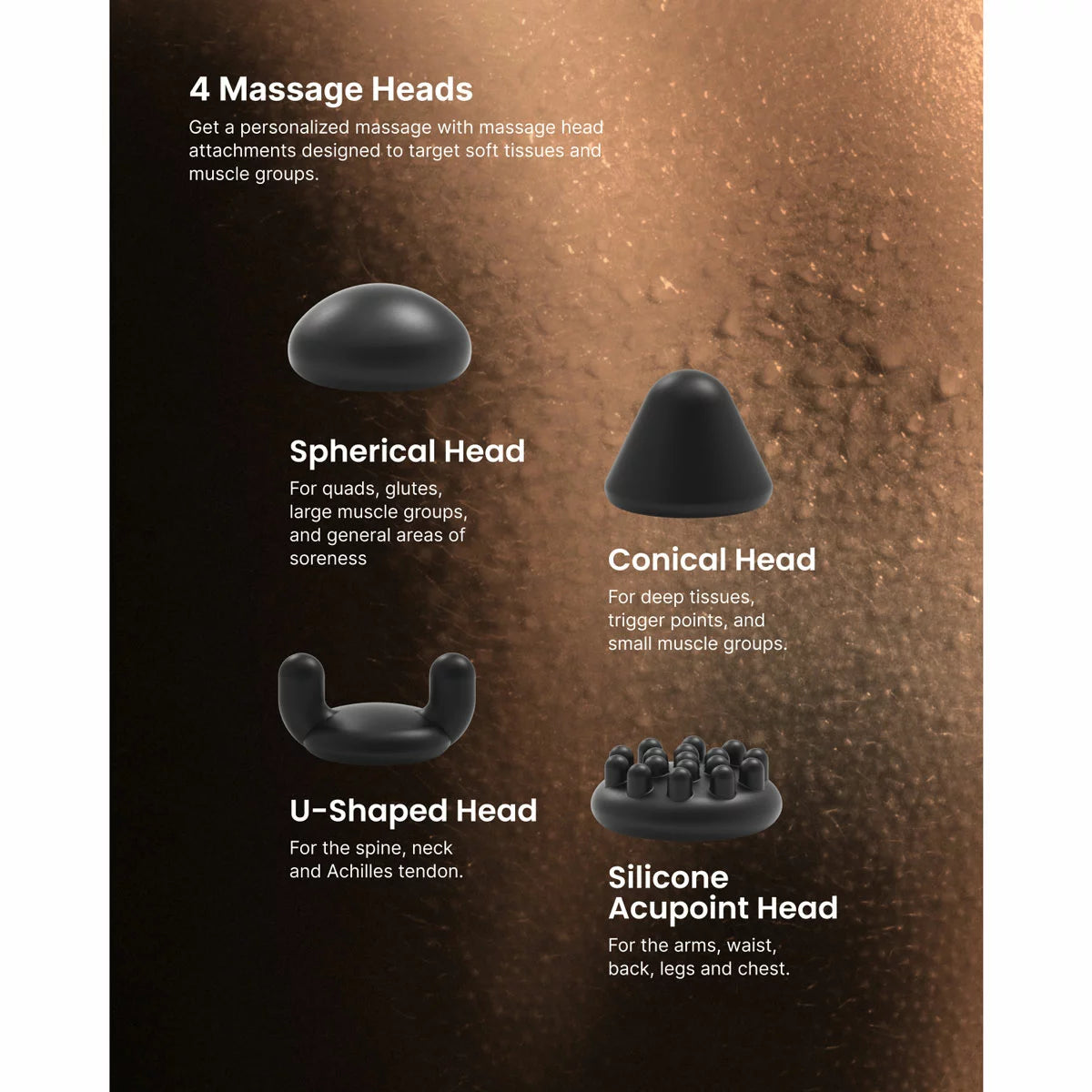 The Renpho Micro Massage Gun in black, displayed alongside its five head attachments, emphasizing its compact and portable design.