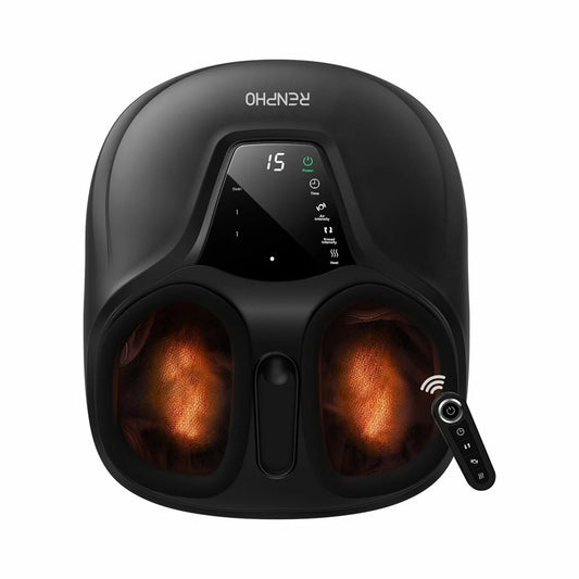 The Renpho Shiatsu foot massager in black, shown with its magnetic remote control, positioned in a modern living space to demonstrate its compact design.