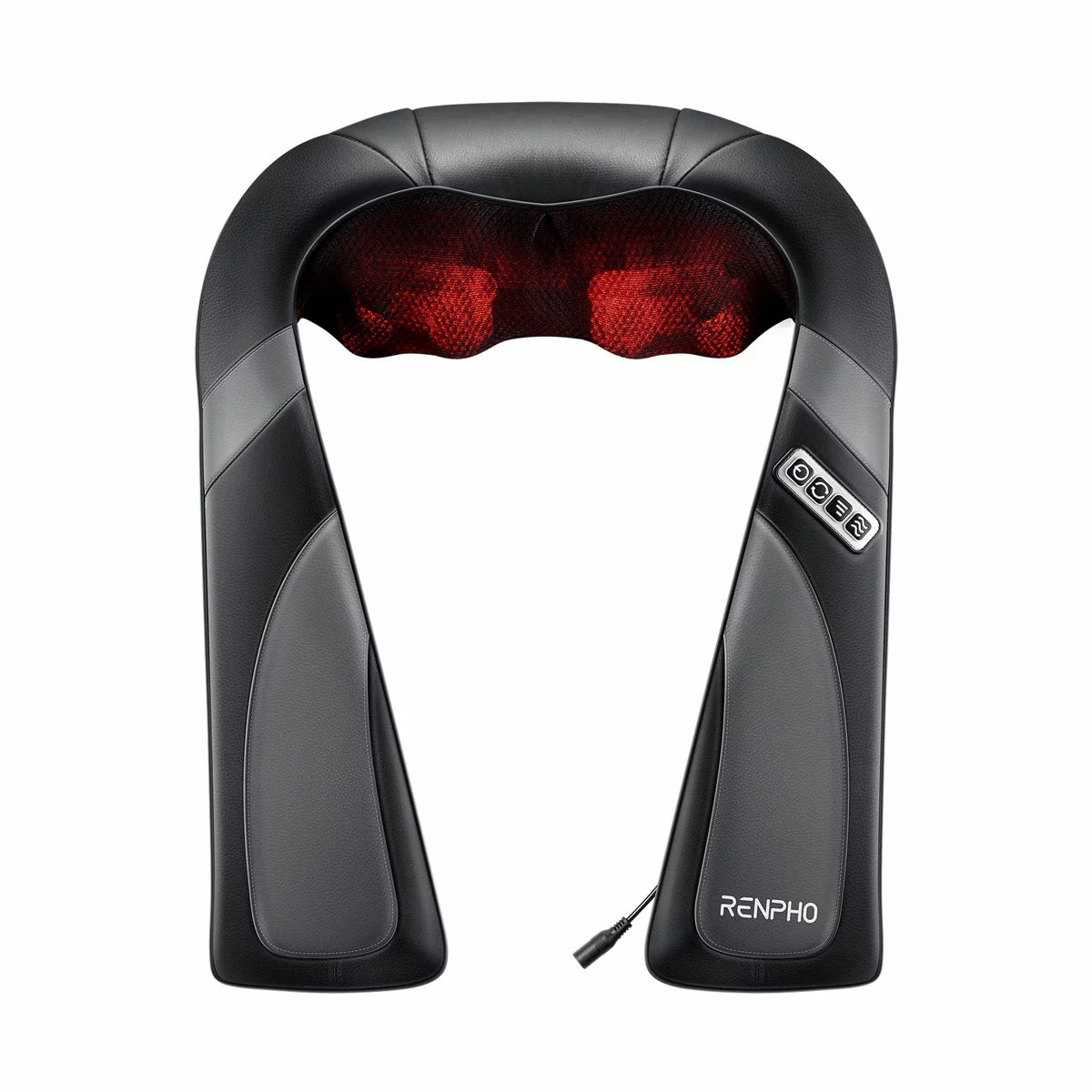 The Renpho Shiatsu neck and shoulder massager in black, showcasing its ergonomic U-shape design, arm straps, and included carry bag.