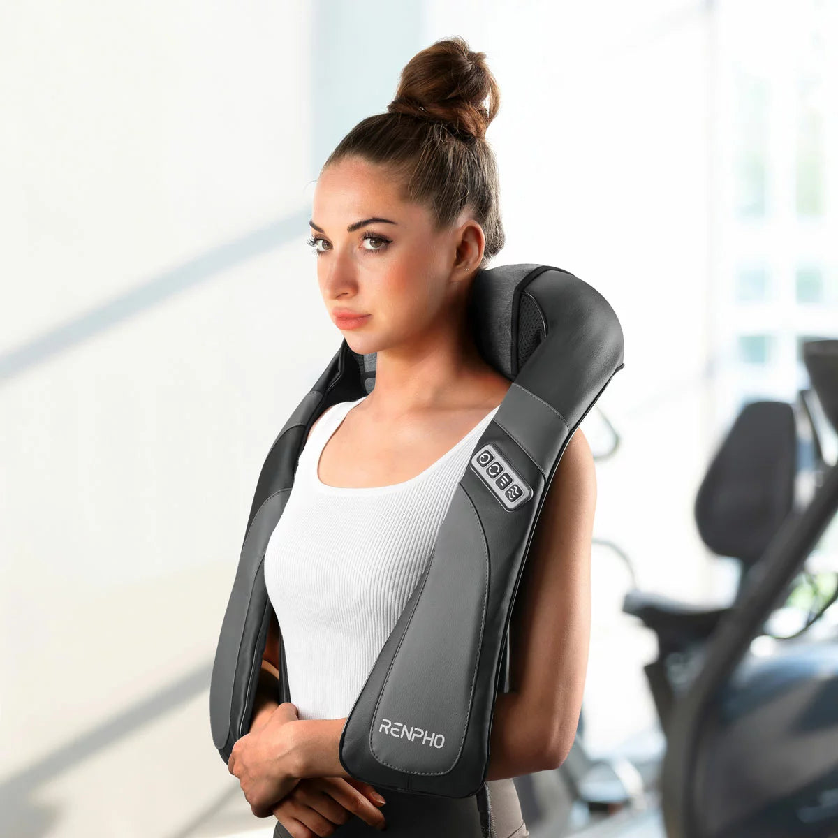 The Renpho Shiatsu neck and shoulder massager in black, showcasing its ergonomic U-shape design, arm straps, and included carry bag.