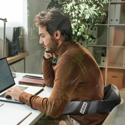 The Renpho Shiatsu neck and shoulder massager in black, showcasing its ergonomic U-shape design, arm straps, and included carry bag.