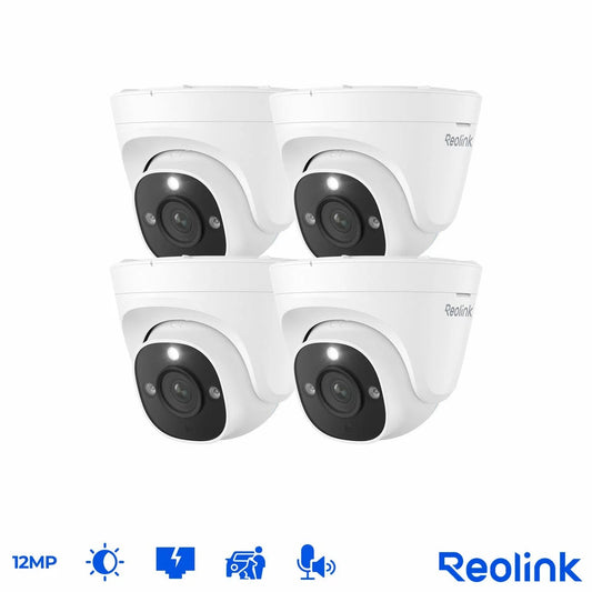 Reolink 12MP 4K+ white dome turret security camera set of 4 positioned with Ethernet network cables and mounting hardware.