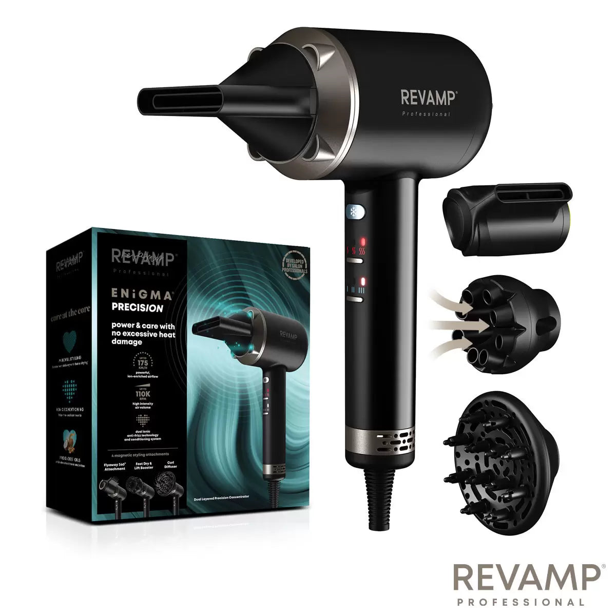 Revamp Enigma PRECISION hair dryer in a sleek finish, shown with its four magnetic styling attachments against a neutral backdrop