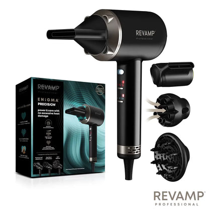 Revamp Enigma PRECISION hair dryer in a sleek finish, shown with its four magnetic styling attachments against a neutral backdrop