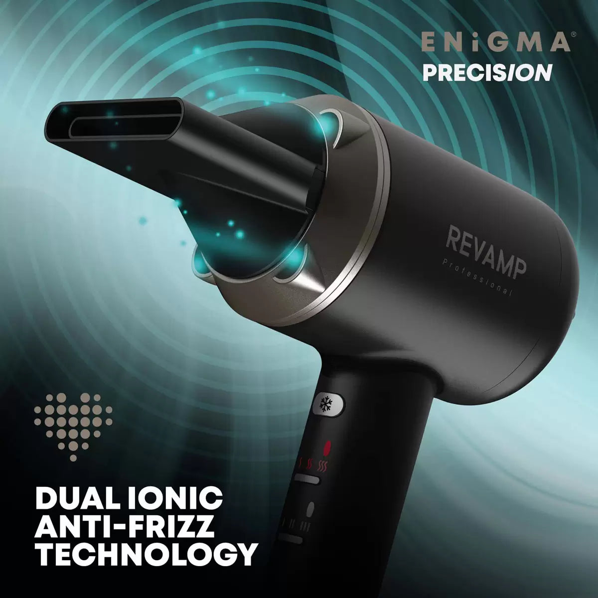 Revamp Enigma PRECISION hair dryer in a sleek finish, shown with its four magnetic styling attachments against a neutral backdrop