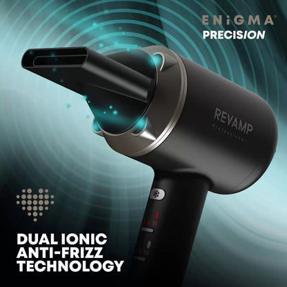 Revamp Enigma PRECISION hair dryer in a sleek finish, shown with its four magnetic styling attachments against a neutral backdrop