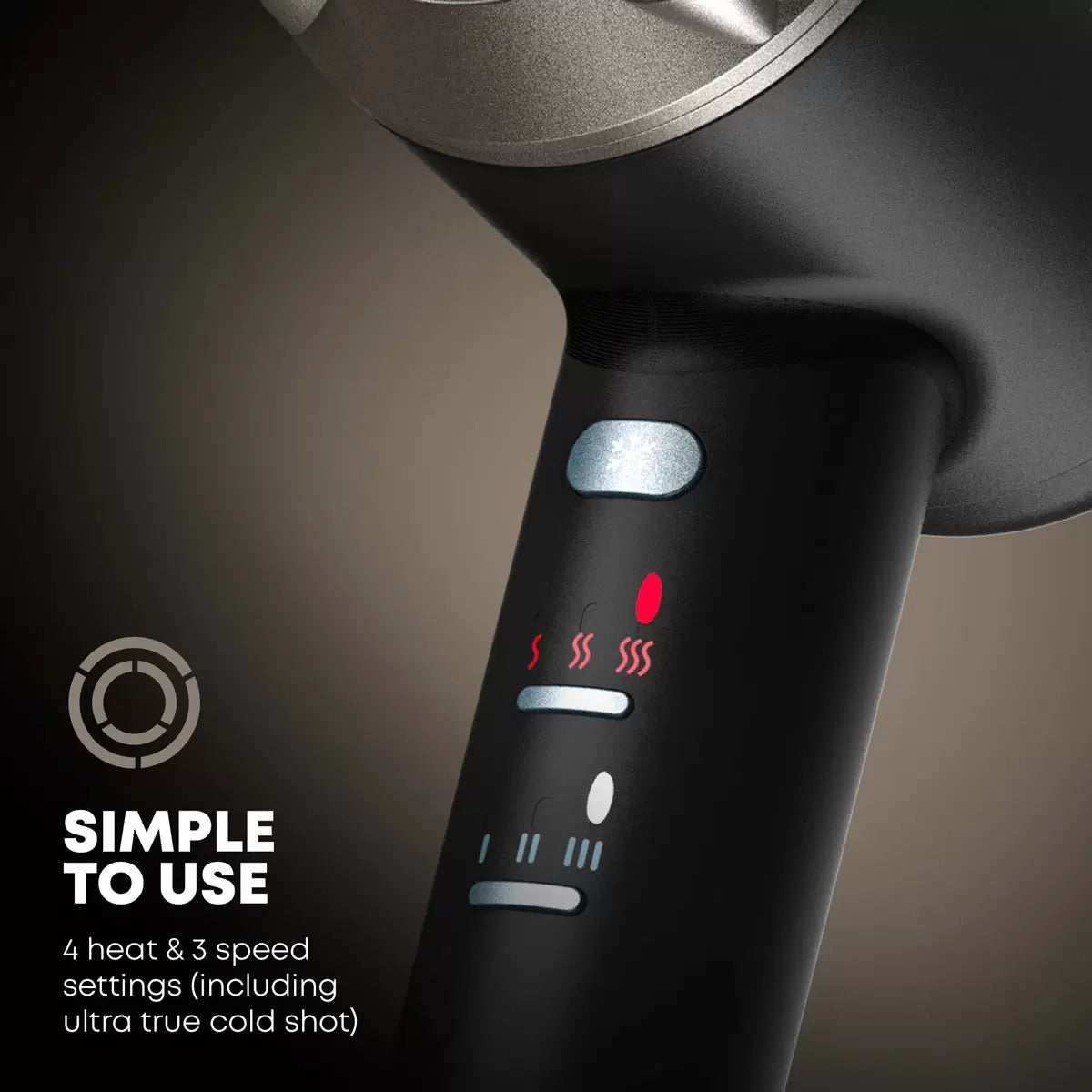 Revamp Enigma PRECISION hair dryer in a sleek finish, shown with its four magnetic styling attachments against a neutral backdrop