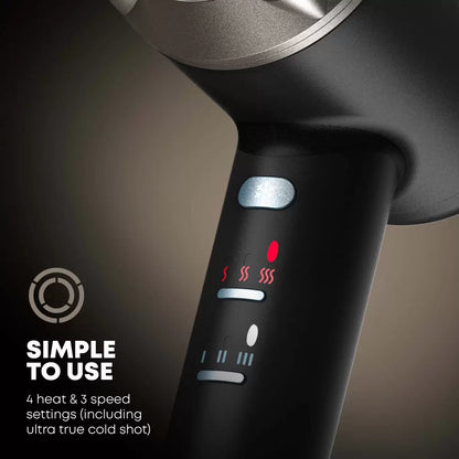 Revamp Enigma PRECISION hair dryer in a sleek finish, shown with its four magnetic styling attachments against a neutral backdrop