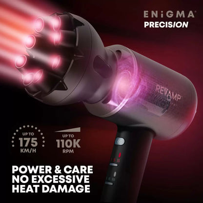 Revamp Enigma PRECISION hair dryer in a sleek finish, shown with its four magnetic styling attachments against a neutral backdrop