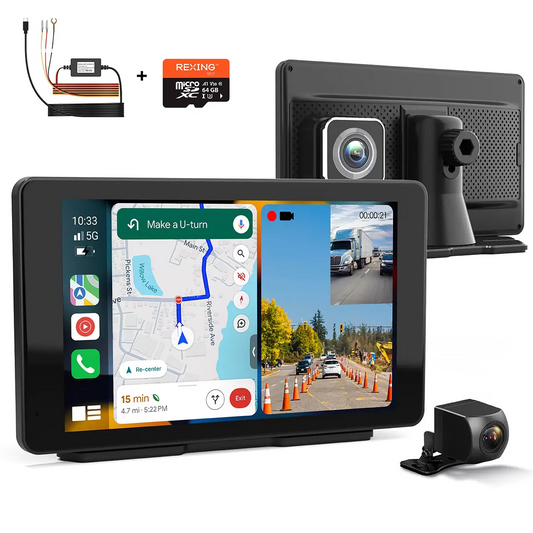 A 7-inch Rexing CPDuo-7 multimedia display mounted on a car dashboard, showing a wireless Apple CarPlay map screen next to its integrated front-facing camera lens.