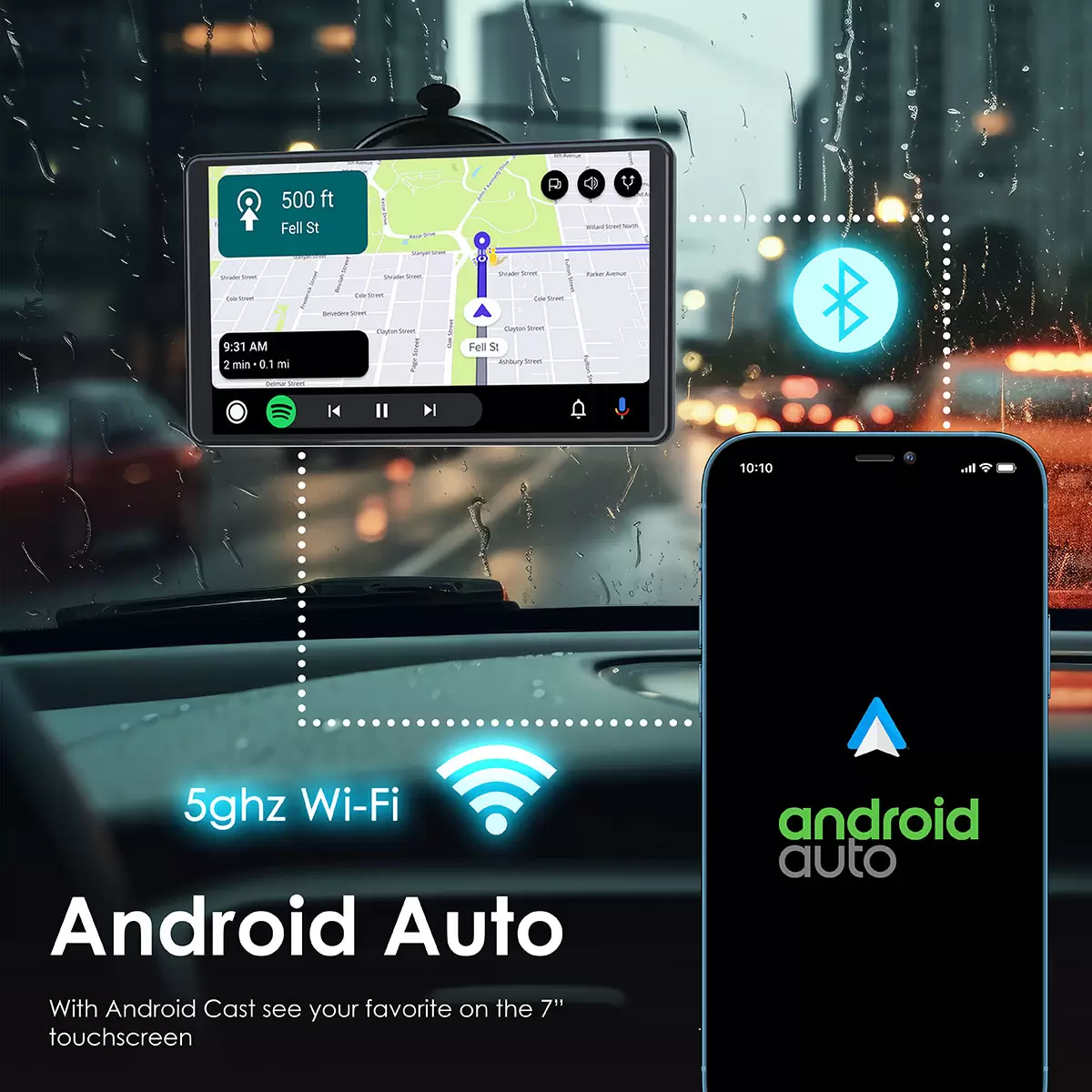 A 7-inch Rexing CPDuo-7 multimedia display mounted on a car dashboard, showing a wireless Apple CarPlay map screen next to its integrated front-facing camera lens.