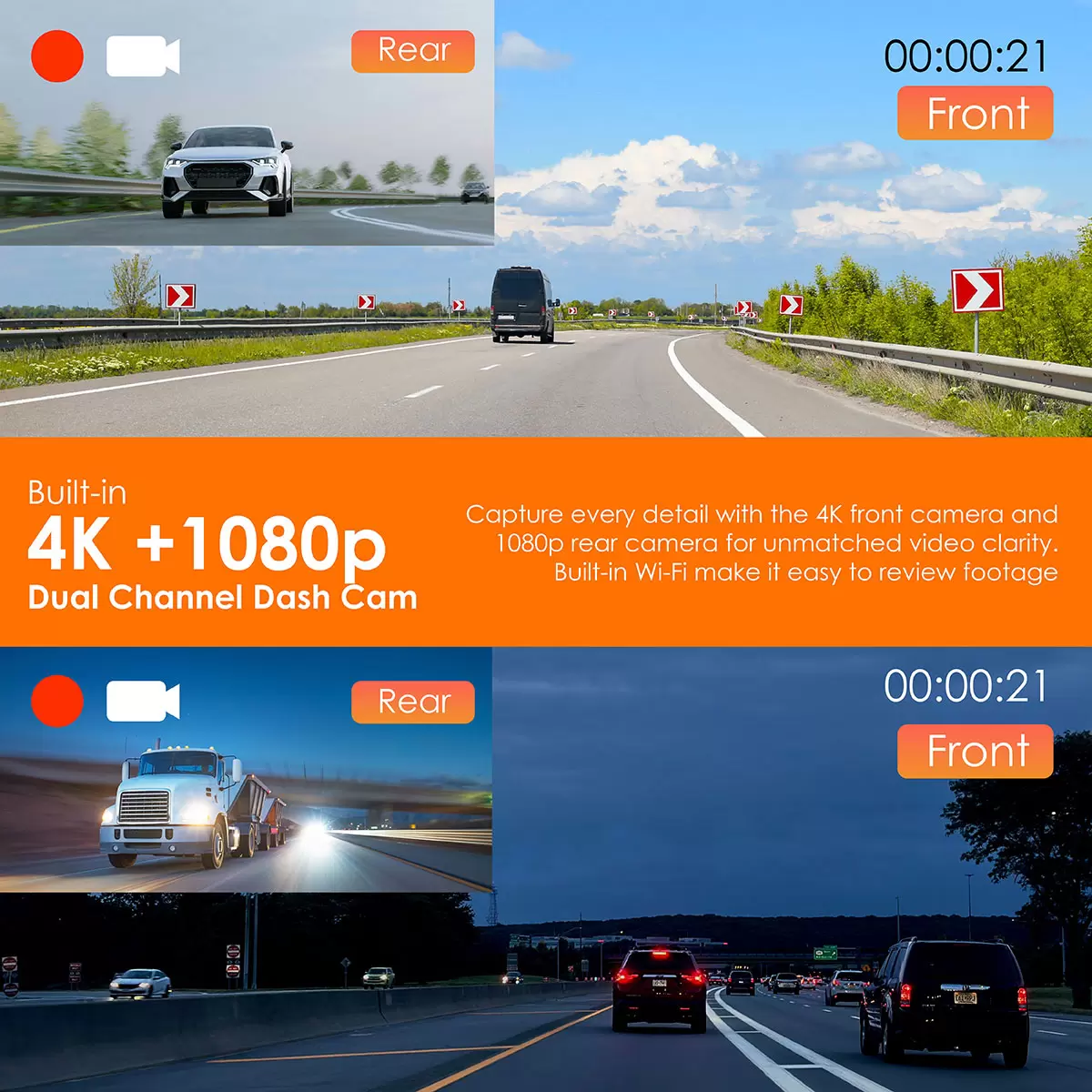 A 7-inch Rexing CPDuo-7 multimedia display mounted on a car dashboard, showing a wireless Apple CarPlay map screen next to its integrated front-facing camera lens.