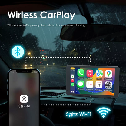 A 7-inch Rexing CPDuo-7 multimedia display mounted on a car dashboard, showing a wireless Apple CarPlay map screen next to its integrated front-facing camera lens.