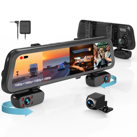 All-black 12-inch Rexing M4 smart mirror dash cam showing its high-definition touchscreen interface with four split-screen video feeds displaying front, rear, and side-view camera angles.