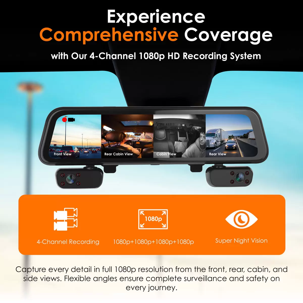 All-black 12-inch Rexing M4 smart mirror dash cam showing its high-definition touchscreen interface with four split-screen video feeds displaying front, rear, and side-view camera angles.