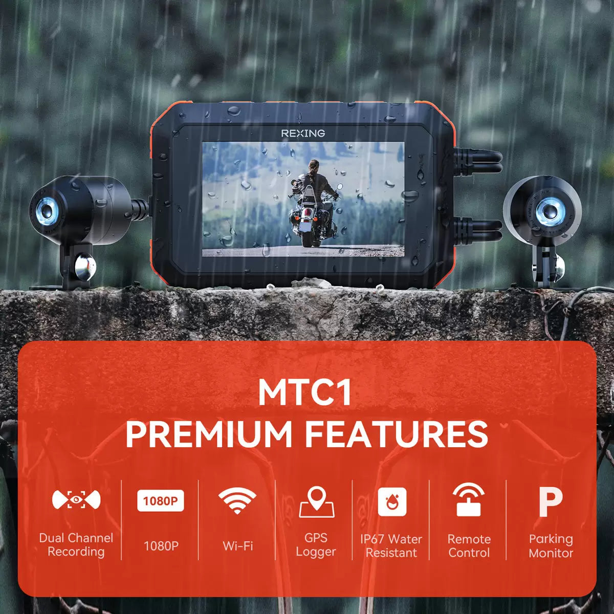 Black Rexing MTC1 dual motorcycle dash cam set featuring front and rear waterproof lenses, wiring harness, and handlebar mount on a dark background.