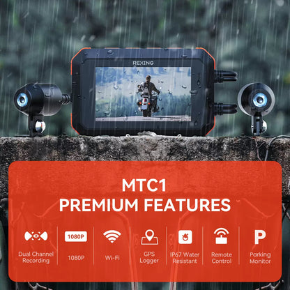 Black Rexing MTC1 dual motorcycle dash cam set featuring front and rear waterproof lenses, wiring harness, and handlebar mount on a dark background.