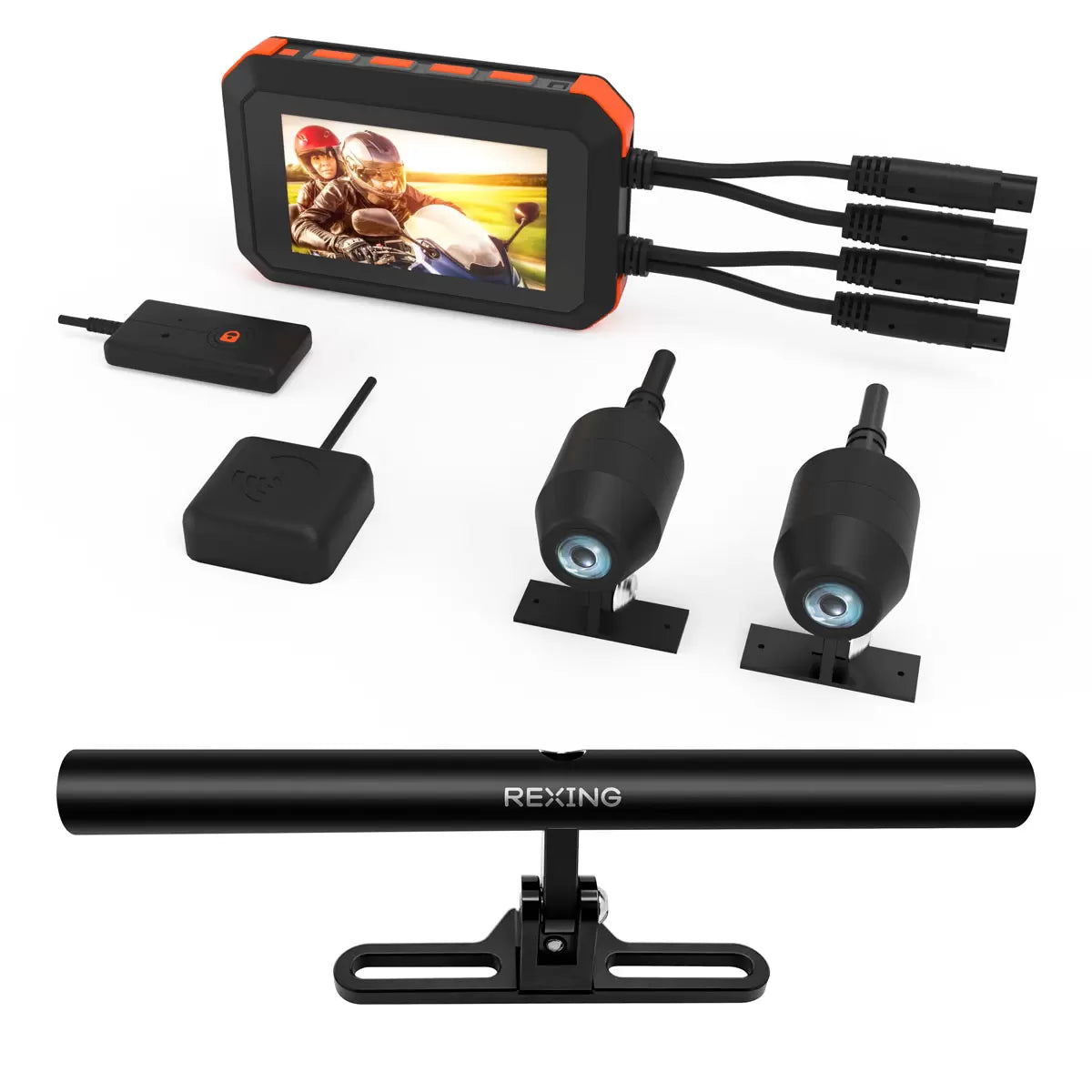 Black Rexing MTC1 dual motorcycle dash cam set featuring front and rear waterproof lenses, wiring harness, and handlebar mount on a dark background.