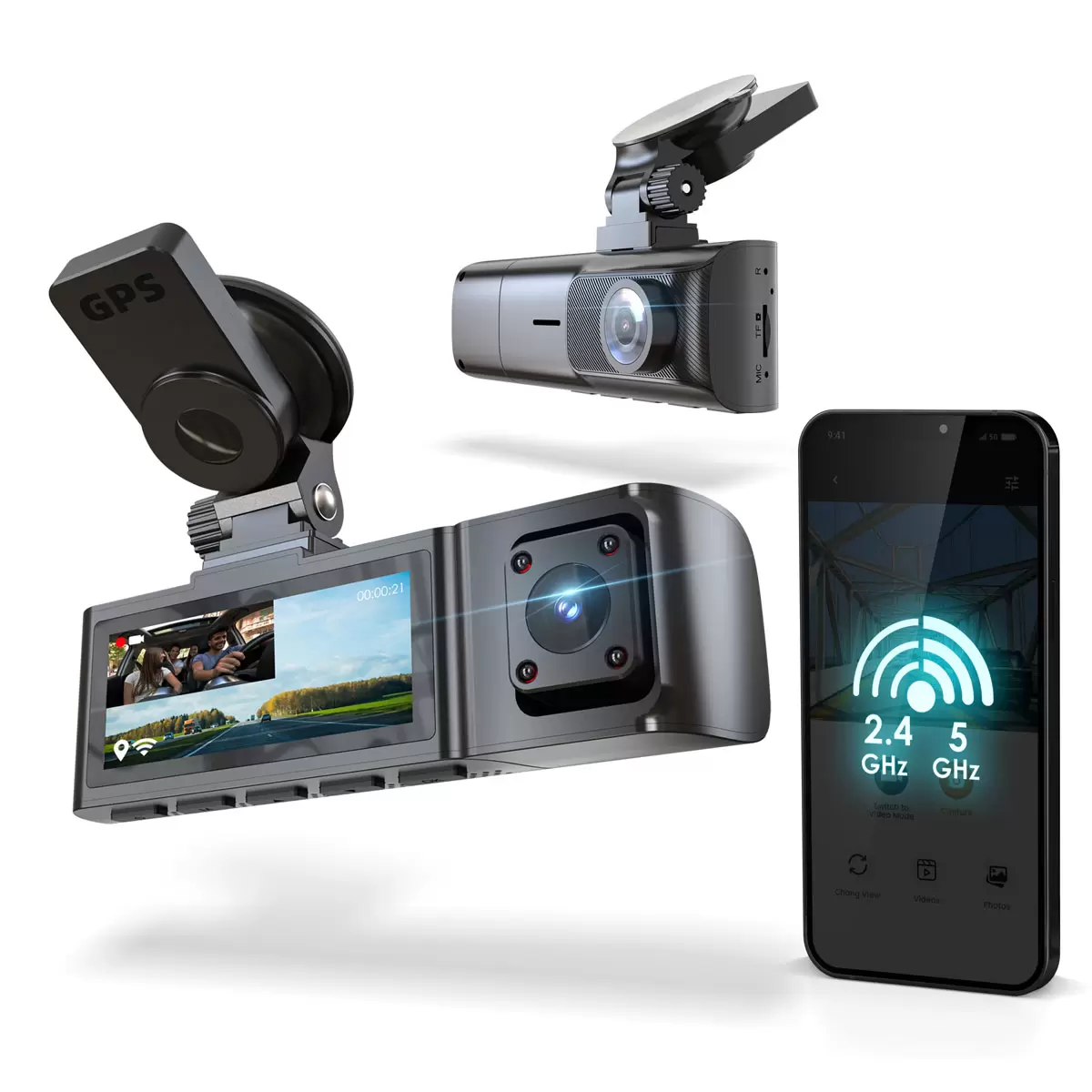 Stealth black Rexing R316 dual-channel dash cam showing its forward-facing 4K lens and interior cabin sensor mounted onto a windscreen via a compact suction cup base.