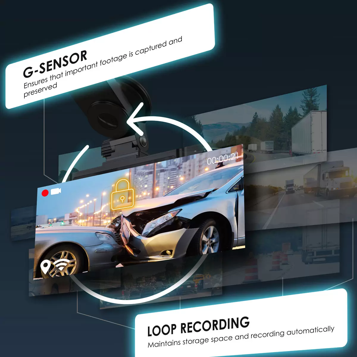 Stealth black Rexing R316 dual-channel dash cam showing its forward-facing 4K lens and interior cabin sensor mounted onto a windscreen via a compact suction cup base.